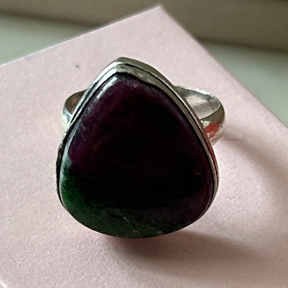 Ruby-Ziosite Cabochan Pear Shape Silver Ring Size… - image 3